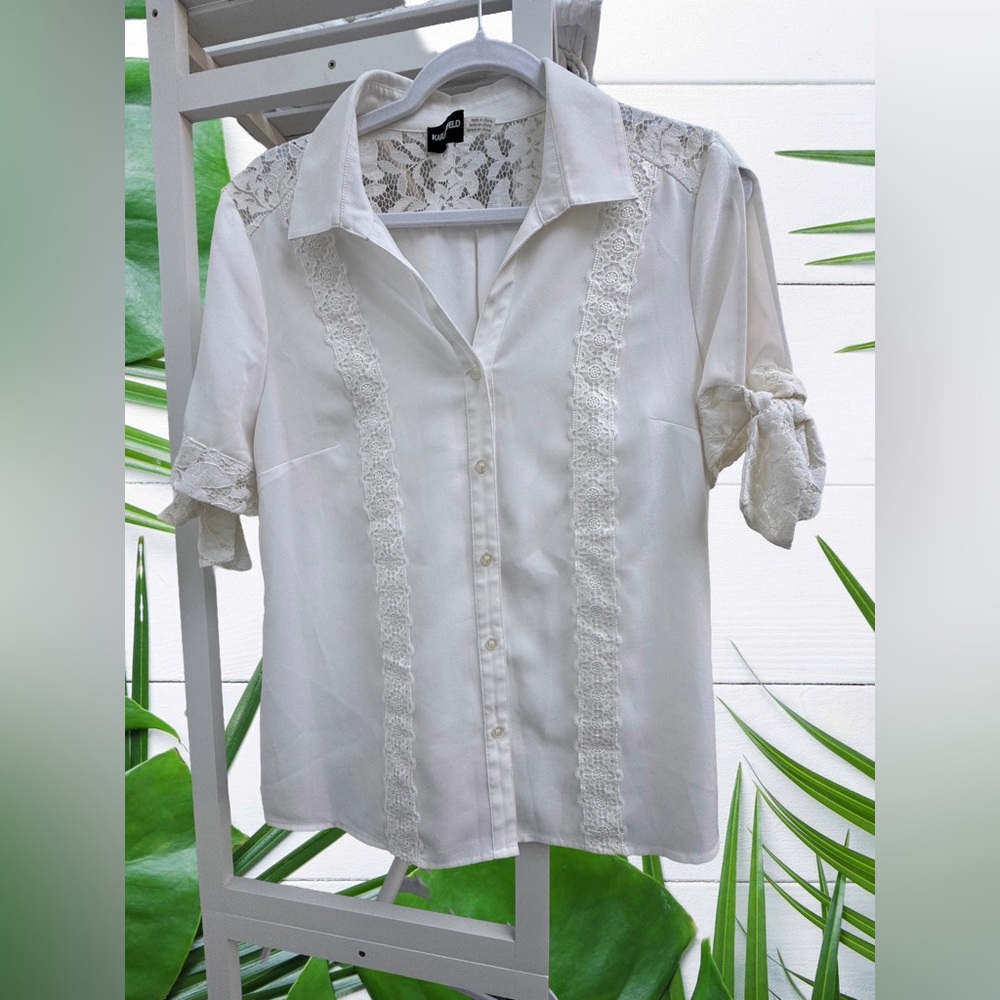 Karl Lagerfeld White Lace Trim Blouse
